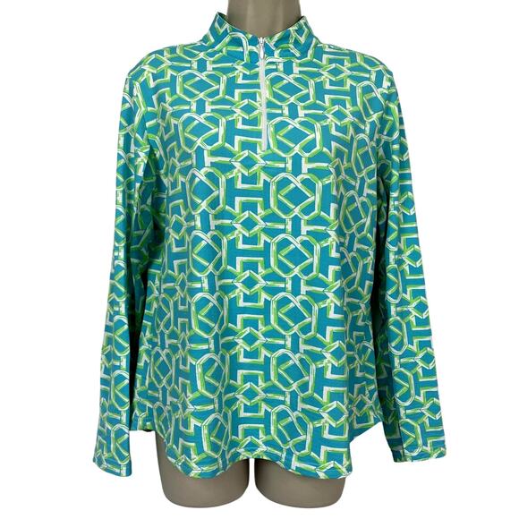 Icikuls Top Womens Large Blue Green Geometric Print Quarter Zip Long Sleeve Golf - Picture 1 of 11